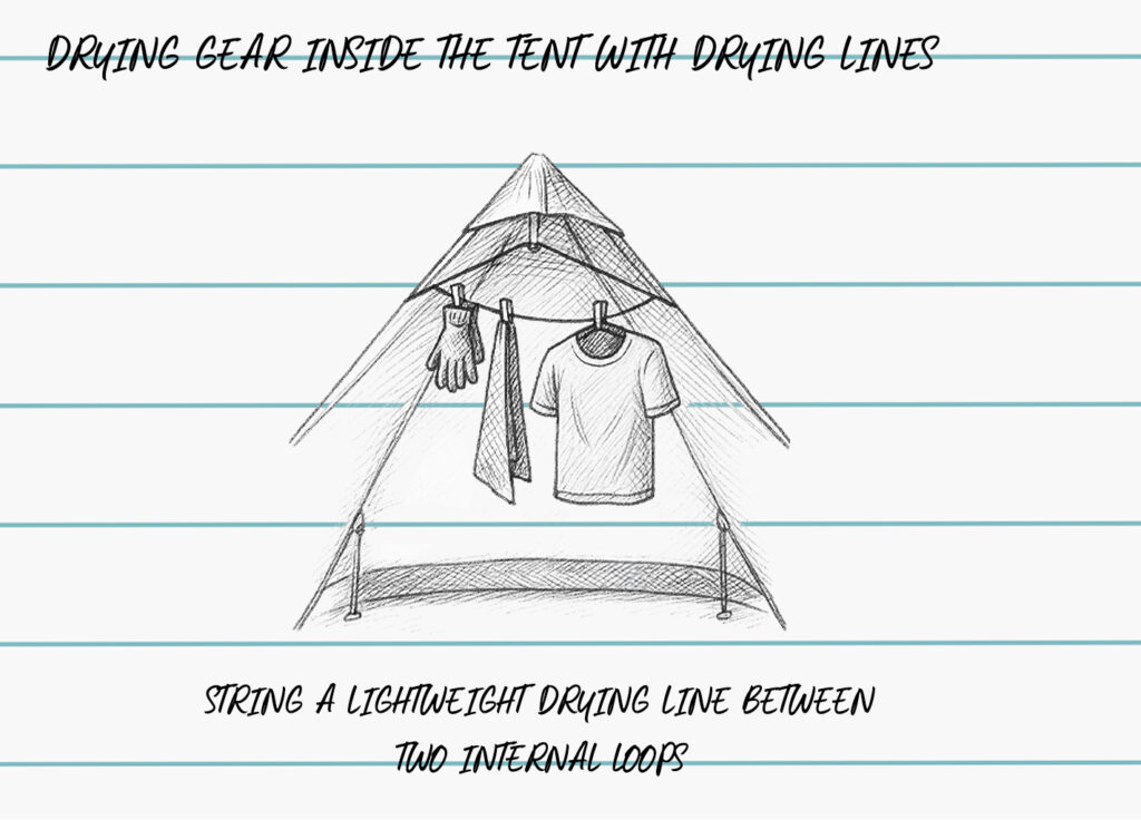 drying wet gear inside the tent with drying lines