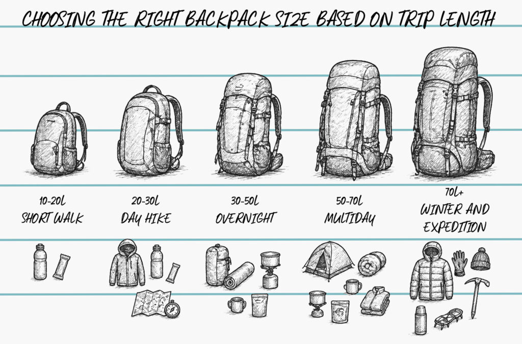choosing the backpack size depending on trip length