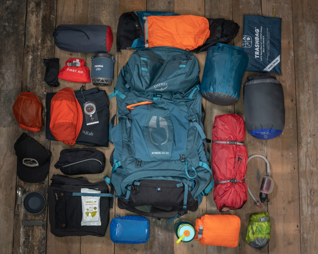 kit on the floor before packing your backpack