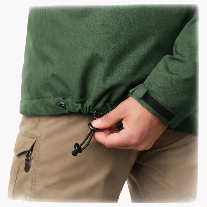Cinchable hem on a hiking waterproof jacket
