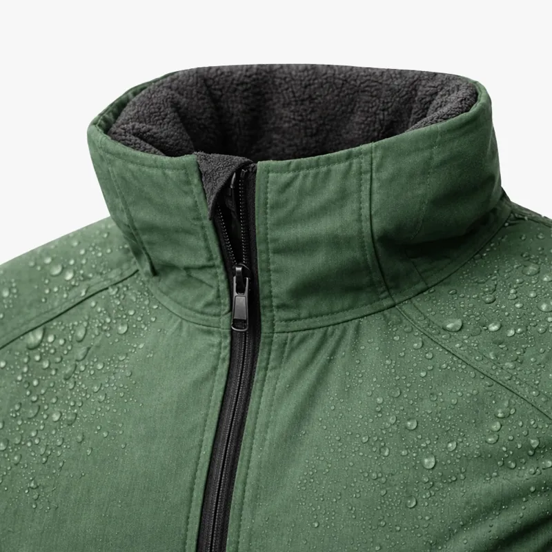 High storm collar with soft chin guard on a casual waterproof jacket