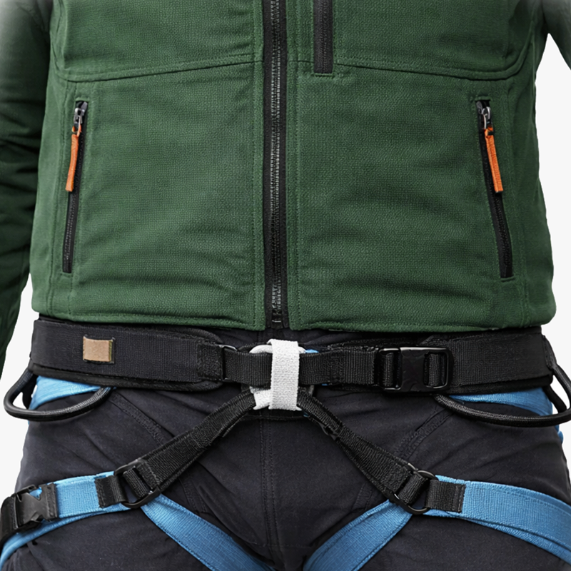 Harness-compatible design and reinforced fabric in a climbing waterproof jacket