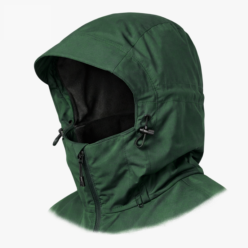 Helmet-compatible hood fabric detail on a climbing waterproof jacket