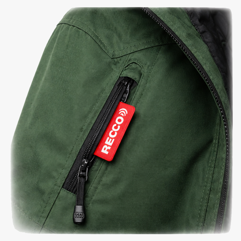 RECCO reflector detail in a climbing waterproof jacket