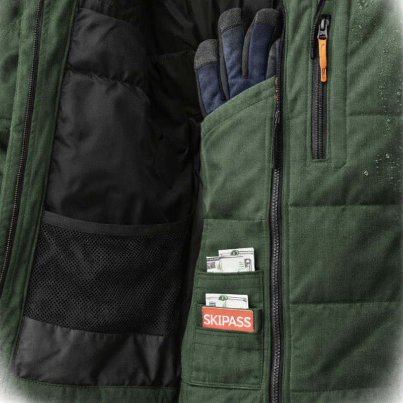 Pockets for ski essentials: pass pocket and goggle pocket
