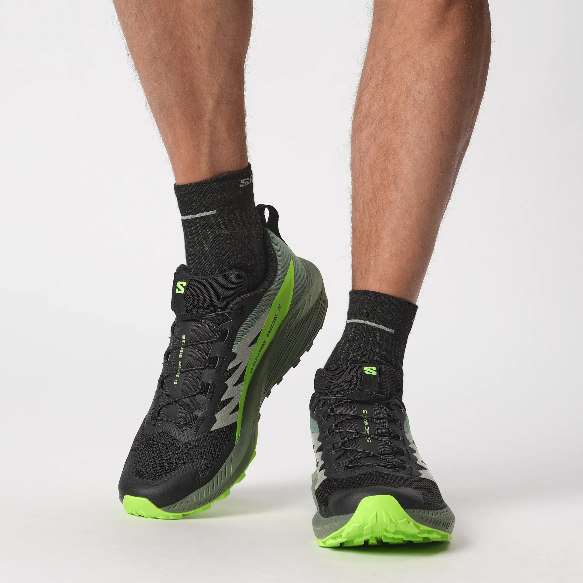 Salomon Mens Sense Ride 5 Black/Laurel Wreath/Green Gecko