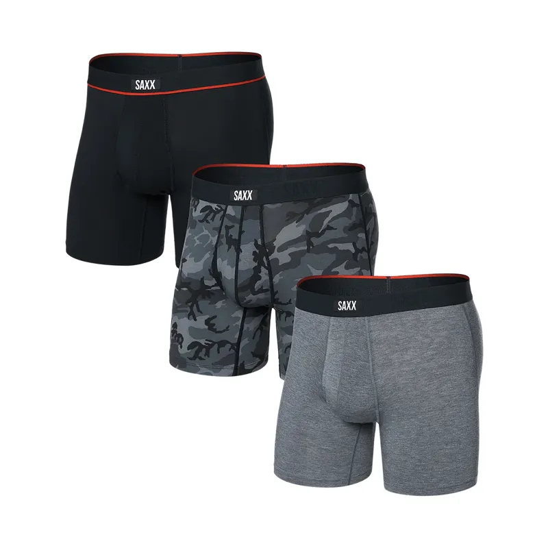 SAXX Vibe Xtra Boxer Briefs Fly 3-Pack Wood Camo Grey Heather Black