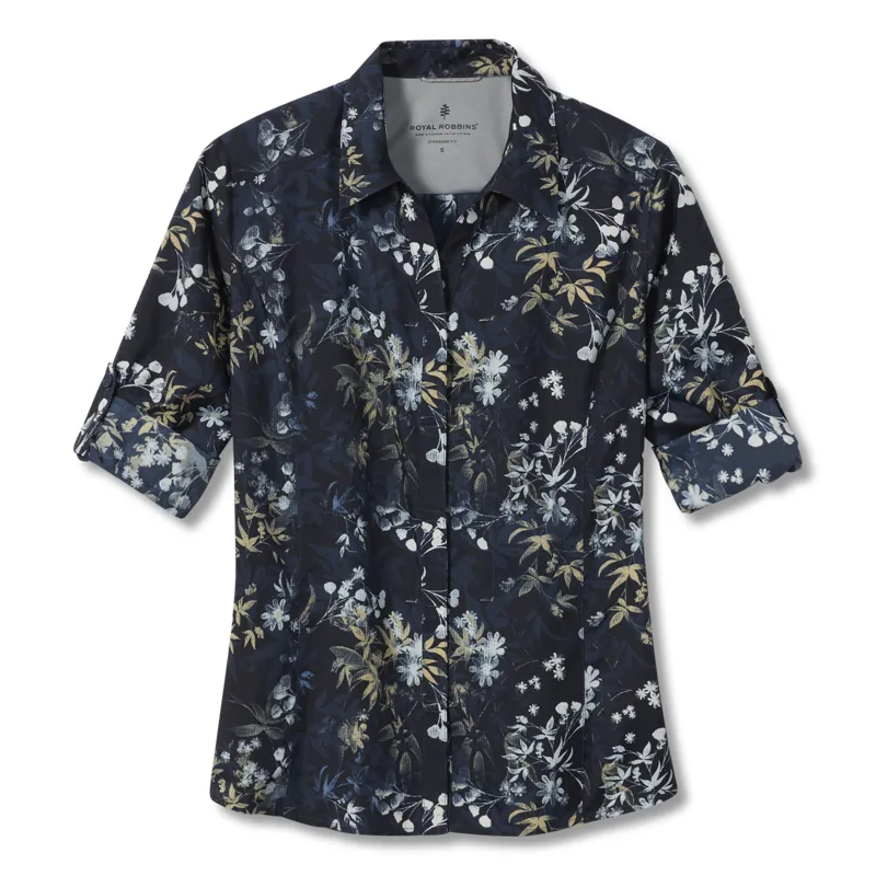 Royal Robbins Womens Expedition II 3/4 Sleeve Shirt Navy Zephyr Print