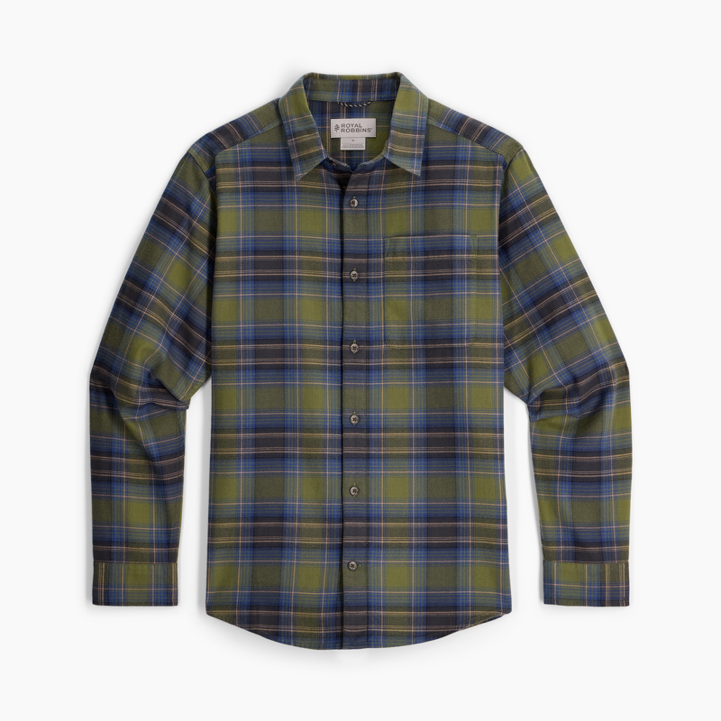 Royal Robbins Men's Lieback Organic Cotton Flannel Shirt Olive Oak Plaid