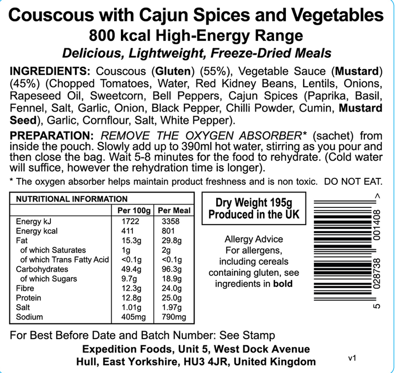 Expedition Foods Vegan Couscous Cajun Spices and Vegetables 800kcal-2